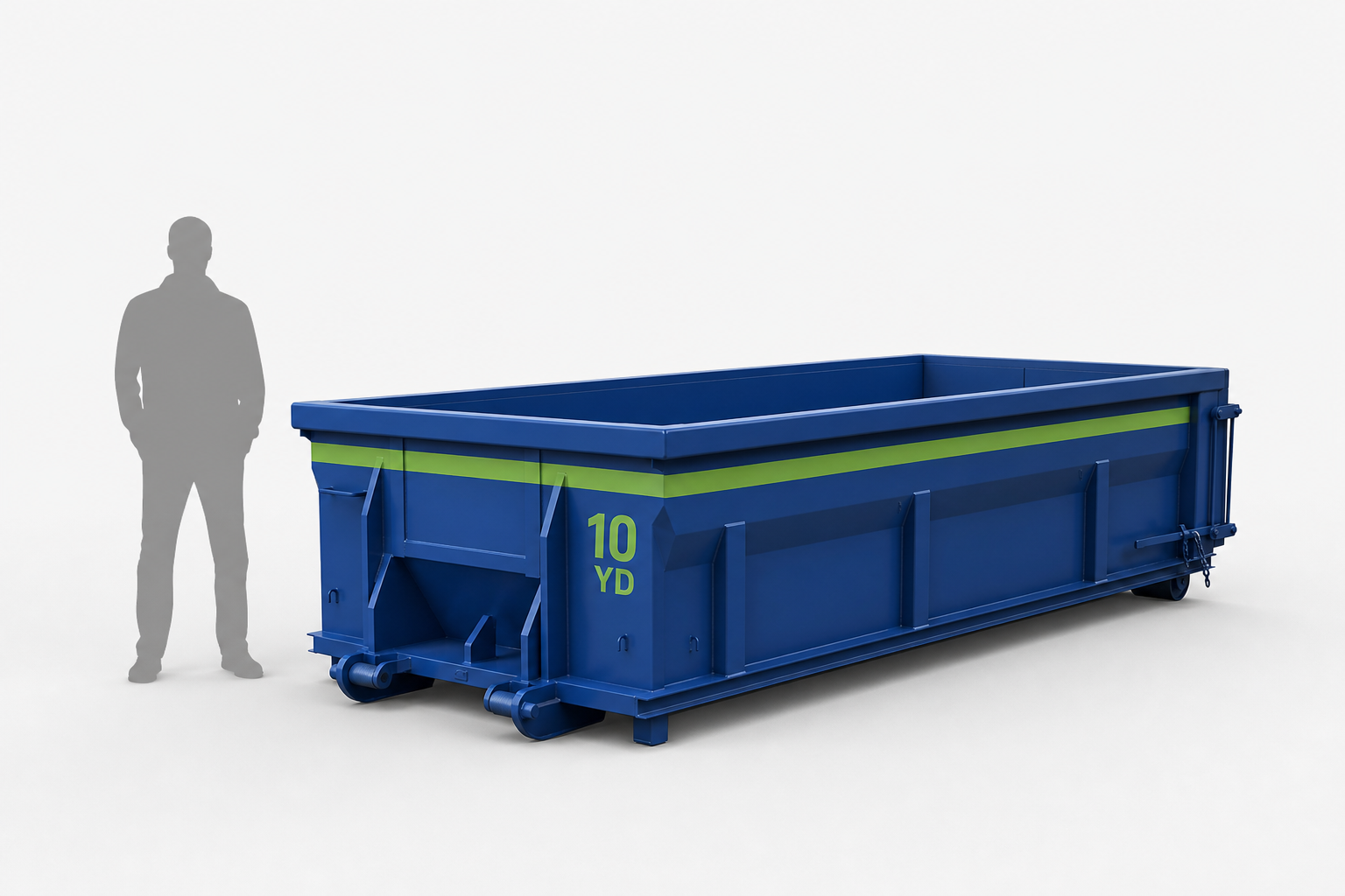 10 yard roll-off dumpster shown next to a person for scale