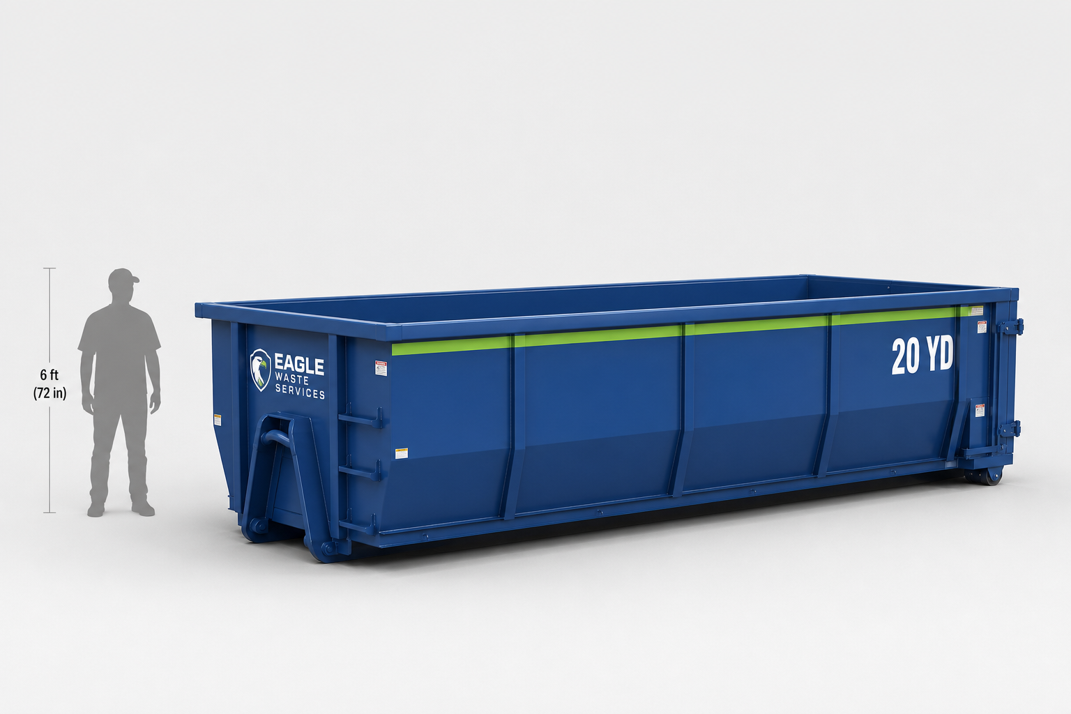 15 yard roll-off container, 15 feet long, 8 feet wide, 4 feet high