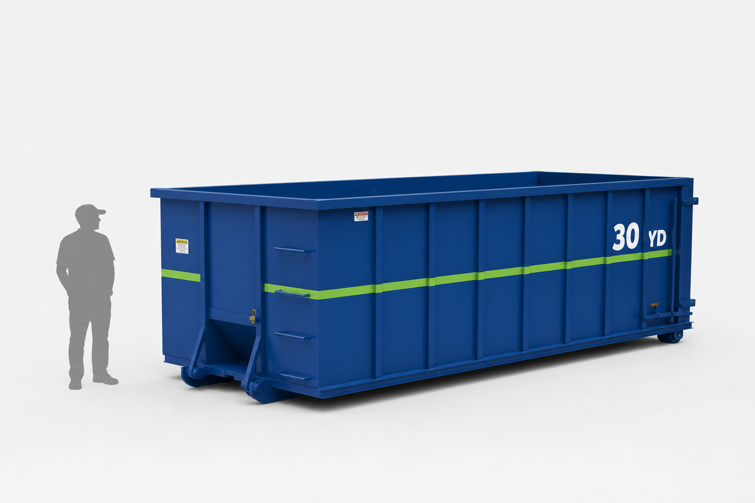 30 yard roll-off container, 22 feet long, 8 feet wide, 6 feet high