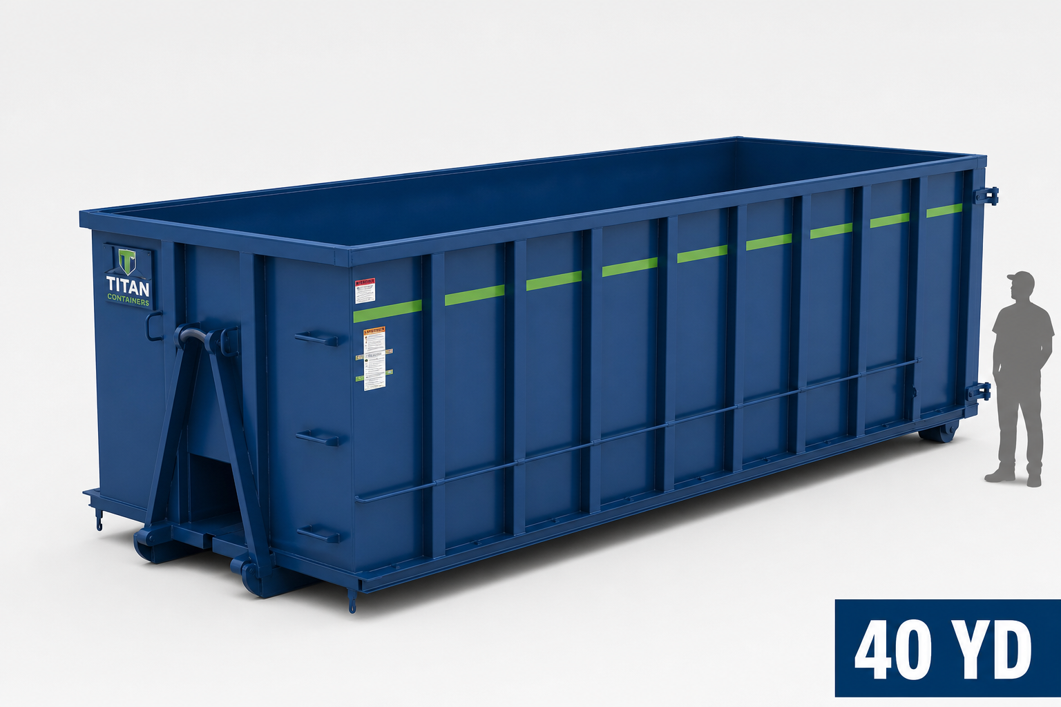 40 yard roll-off container, 22 feet long, 8 feet wide, 8 feet high