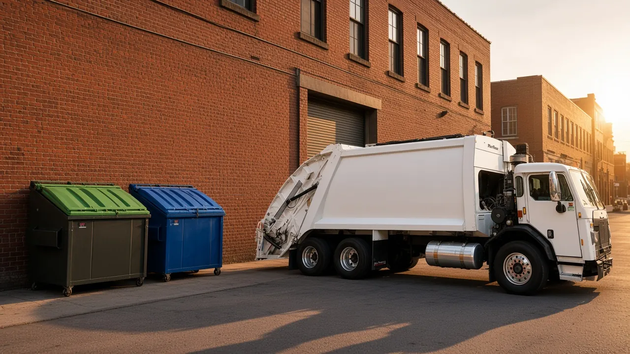Recycling dumpsters and a collection truck beside a Philadelphia brick building